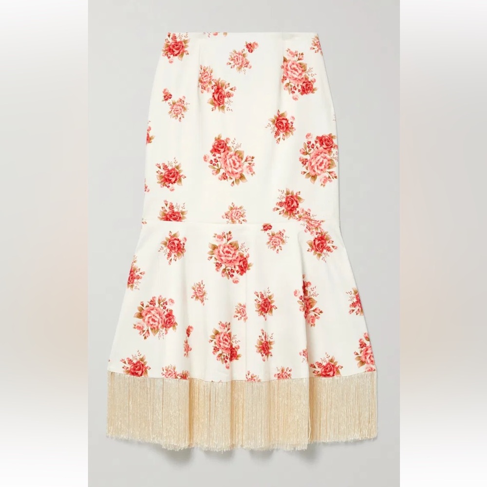 NWT LES RÊVERIES Fringed Floral-Print Cotton-Sateen Midi Skirt, size 8